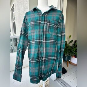 Modern Amusement Teal Plaid Flannel Button Front Shirt Long Sleeve 21" Chest